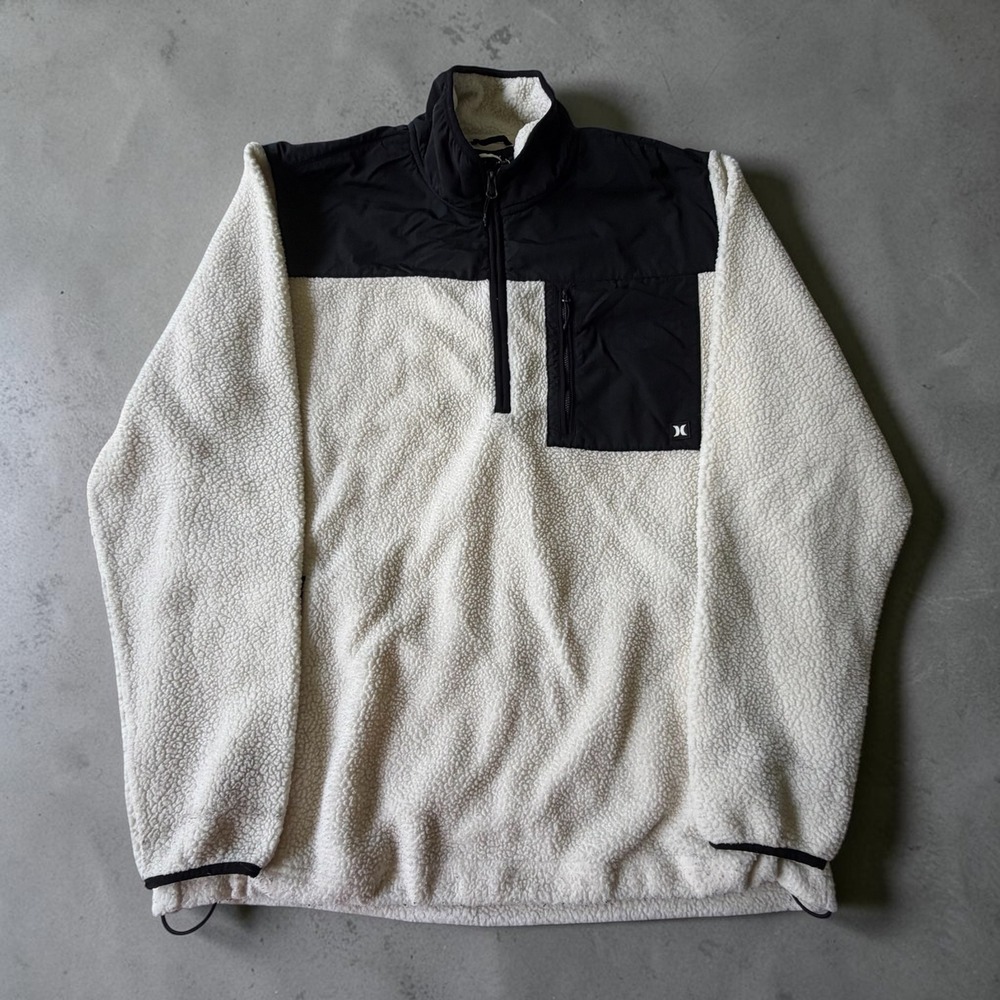 Hurley Mens XL Sherpa Fleece Quarter Zip Pullover Jacket Cream Black Logo Y2K